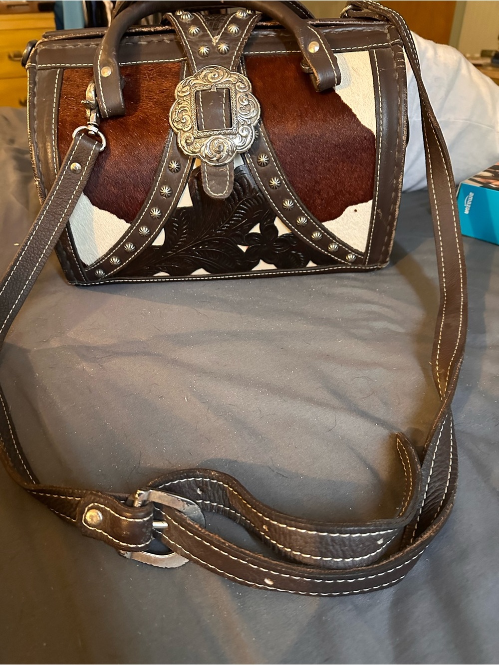 American West Brown and White Cowhide Crossbody Satchel with Concho